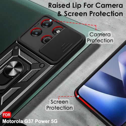 Image of TheGiftKart Tough Armor Bumper Back Cover Case for Motorola Moto G37 Power 5G | Kickstand & Ring Holder | 360 Degree Protection Cover Case for Moto G37 Power 5G (PC & TPU, Sliding Camera Cover, Black)