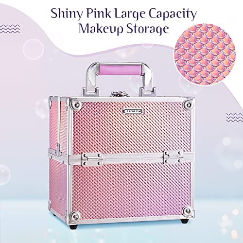Frenessa Makeup Train Case Cosmetic Organizer Case Portable Travel Storage Box 4 Trays With Dividers Lockable Make Up Case For Makeup Artist, Nail Tech, Crafter Makeup Tools Makeup Toiletry Case Mermaid Pink #TOP5