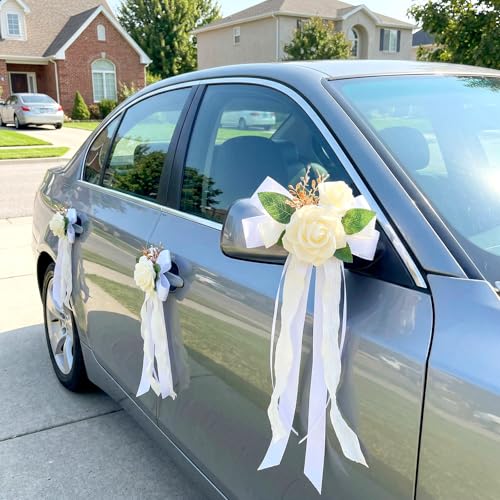 Image of 4PCS Wedding Car Door Handle Decorative Flowers, White Artificial Cars Bouquet Flower Bowknot Ribbon Decor, Just Married Automotive Decorations Accessories for Door Handles