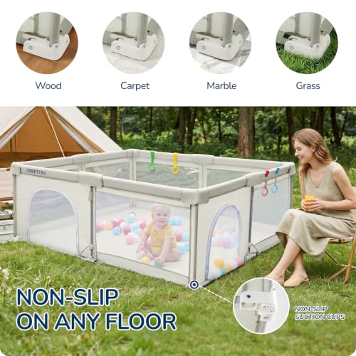 Image of Foldable Baby Playpen, 59 inchx71 inch, Beige | 1-Minute Setup, Lightweight Portable, Carry Bag Included, Indoor Outdoor Use, For Babies & Toddlers