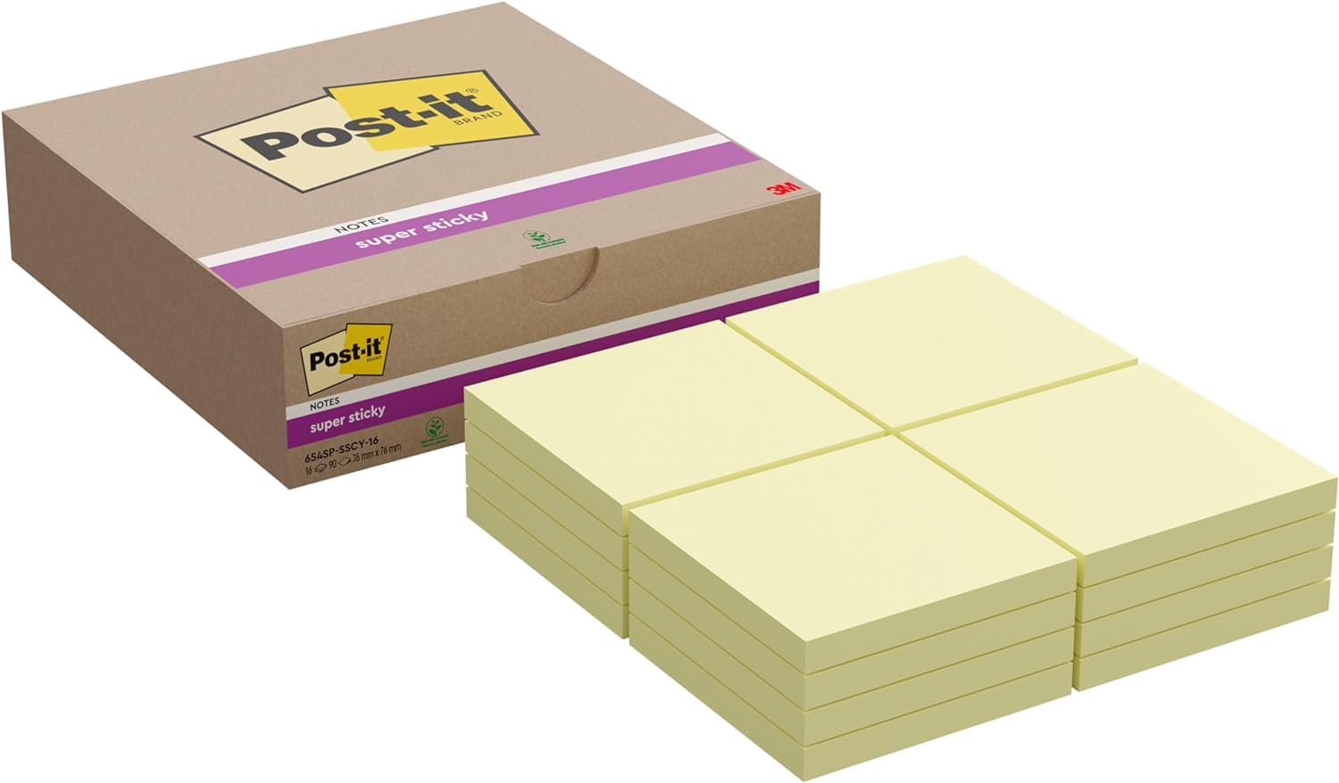 Post-it Super Sticky Notes, 1440 Sheets, Value Pack of 16 Pads, 76 mm x 76 mm - Holds Strong to Many Surfaces - Canary Yellow - for Walls, Monitors and Fridge, Recycable