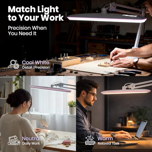 Image of Neatfi XL 2,200 Lumens 24W LED Desk Lamp - 23 inch Wide Shade | Dimmable Eye-Caring Task Light | Adjustable Arm | Home Office, Study, Crafts & Nail Tech (White with Pink Ring, Non-CCT with Clamp)