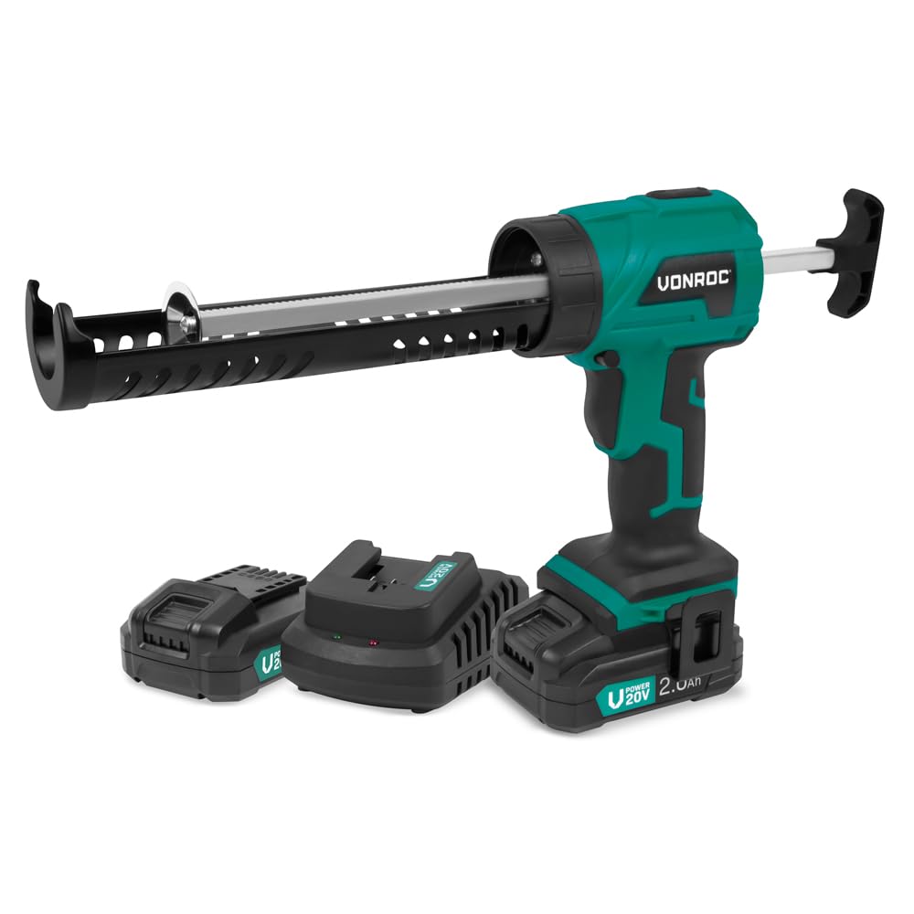 VONROC Pistola de cartuchos con batería, 20 V, 4 niveles de caudal, pistola de silicona, incluye batería de 2 x 2 h y cargador