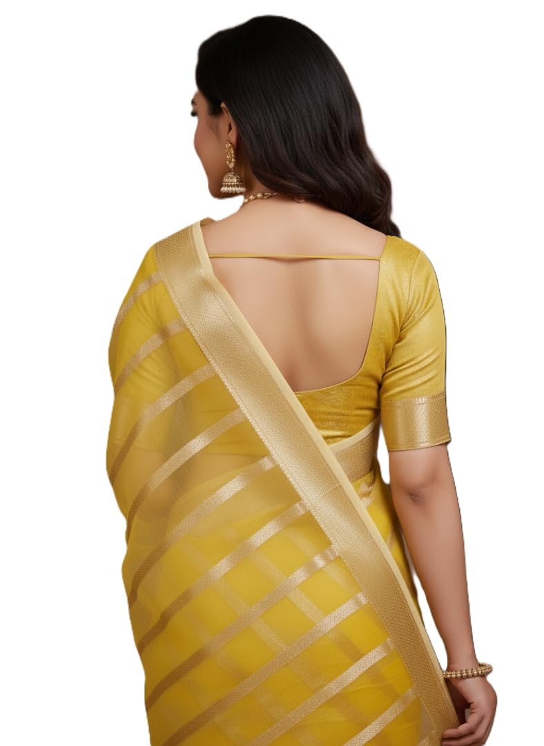 Banarasi Yellow Organza Sarees for Women Latest Yellow Gold Zari Floral Stripe Design Pure Organza Silk Yellow Saree Lightweight Tissue Organza Saree Haldi Ceremony Party Pili Sari-image-45