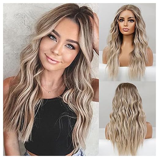 EMMOR Long Ombre Blonde Lace Front Wig for Women,25 Inch Natural Wavy Daily Hair Synthetic Lace Wigs Middle Part,Hand Tied/Longlife/Lightweight