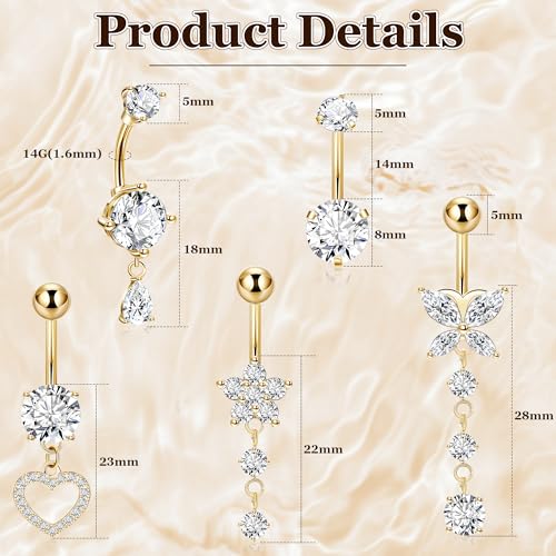 5Pcs 14G Surgical Steel Dangle Belly Button Rings for Women Dangling Belly Rings CZ Navel Rings Hypoallergenic Heart Flower Butterfly Teardrop Navel Piercing Jewelry 10/14mm4