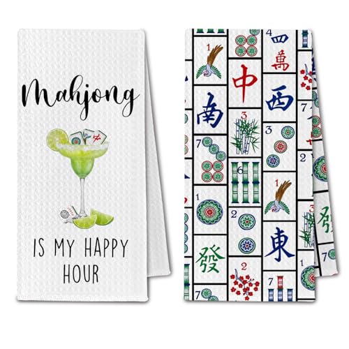 ChissNook Mahjong Cocktail Kitchen Towels, Cocktail & Mahjong Lovers Gifts for Women, Mah Jong Decorative Bar Dish Towels for Kitchen Set of 2, 16x24 Inch