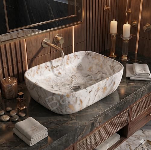 Image of Designer Ceramic Wash Basin For Bathroom | Over Counter Bathroom Basin | Counter Top Bathroom Sink | Wash Basin For Restaurant, Hotel (18 x13 x 5 Inch) (White Gold Sport)