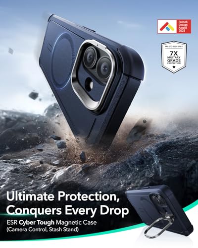 Image of ESR for iPhone 17 Phone Case with Stand, 23ft Military-Grade Drop Protection with Camera Control, Shock-Absorbing Rugged Cover, Compatible with MagSafe Accessories, Cyber Series, Blue