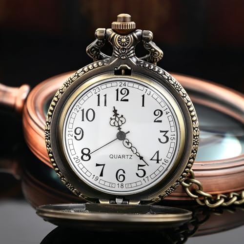 Image of Tiong Pocket Watch Pattern Vintage Quartz Pocket Watches with Chain Christmas Graduation Birthday Gifts Fathers Day