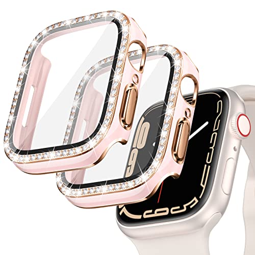 Kamita [2 Pack] Custodia Diamond per Apple Watch Series SE 2023/6/5/4, PC Cover rigida antigraffio con schermo in vetro temperato, Pellicola salvaschermo glitterata per iWatch 6 40mm(Rosa-Rosa-oro)