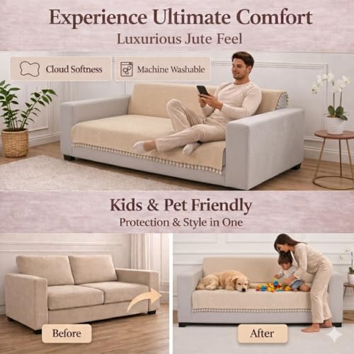 Image of STITCHNEST Jute Sofa Cover - Beige, 48x60 Inch | Soft Textured Fabric with Tassel| Full Coverage Sofa for Living Room Decor