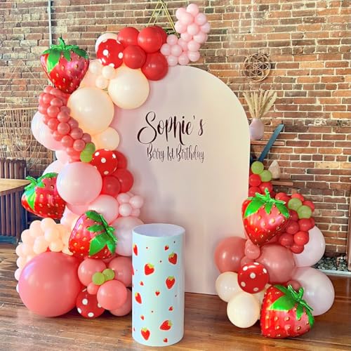 Image of JOGAMS 196Pcs Strawberry Balloon Arch Garland Kit with Dusty Pink Beige Daisy Flower Strawberry Foil Red Polka Dot Balloons for Berry First Sweet One Strawberry Birthday Baby Shower Party Decorations