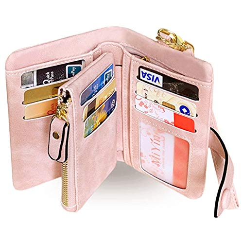 Ladies Bifold Wallets Women Rfid Blocking Small Leather Wallets Mini Zipper Coin Purse id Window Card Slots for Women Girls (Pink)