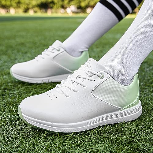 Zapatos de golf impermeables y ligeros NGARY de cuero cómodo para mujer en verde y blanco 6