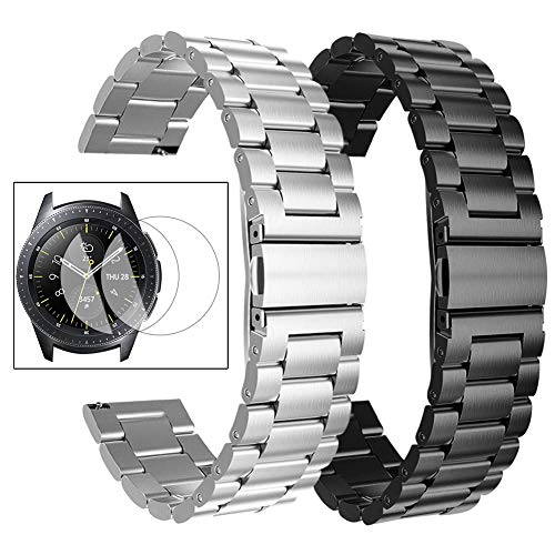 Best Deal 🛒 Oitom Stainless Steel Bands Compatible with Samsung Galaxy Watch 42mm /Gear Sport Women Men, Pack 2 Heavy Duty Solid Metal Strap Watch Bands with 2pcs Screen Protector(Black + Silver)
