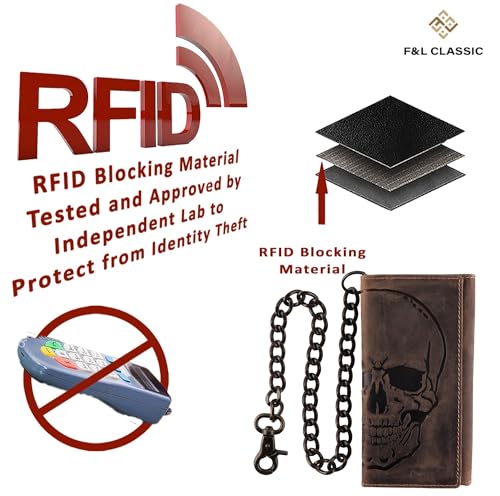 Image of F&L CLASSIC RFID Blocking Mens Tri-fold Long Style Cowhide Leather Steel Chain Wallet,brown distress with skull,212-70