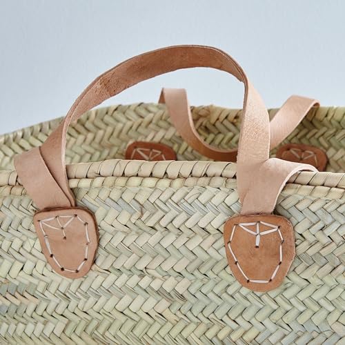 Bolso de mercado francés con asas planas dobles de cuero – Elegante bolso de paja marroquí para la playa y uso diario miniatura 4