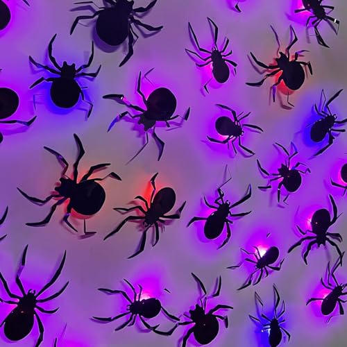 ALEGRE Halloween Deko 10 Stück 3D Spinnen Deko Led Lichter Halloween Sticker Leuchtende Spinnen Wandaufkleber mit 4 Verschiedenen Größen Helloween Led Spinne Deko für Fenster Tür Wand Dekoration