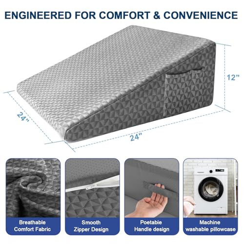 Image of Wedge Pillow for Sleep Apnea, 12 inch Memory Foam Bed Wedge After Surgery | Dual-Layer Foam with a High-Density Base Provides Stable Support, Resists Flattening, and Stays Secure with a Non-Slip Bottom