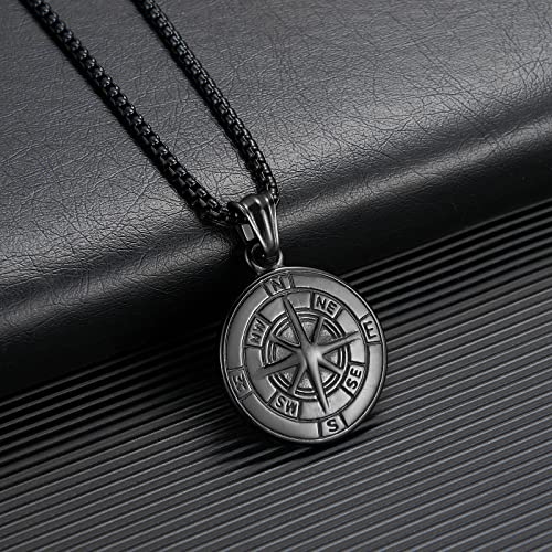 Azfvbql Compass Necklace For Men Chain Stainless Steel Compass Pendants Male Jewelry (Black-Compass-21.6In Chain) #TOP1