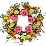 Artificial Spring Summer Wreaths for Front Door Peony Wreath Colorful Floral Wreath...