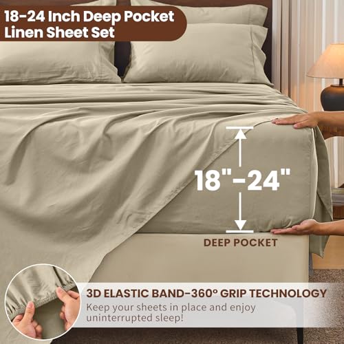 Image of Bedlifes 100% French Linen Queen Bedding Set - 18-24 inch Extra Deep, 4-Piece | Soft & Durable, Breathable & Cooling, Flax Linen Sheet, OEKO-TEX Certified, Moisture Wicking, Easy Care, Machine Washable