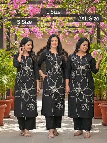 Image of Leriya Fashion Women's Cotton Straight Embroidered Kurta with Pant Set | Ethnic Motifs Work Kurti with Pant for Women | Casual & Office Outfit Ensemble | Kurta Sets for Woman
