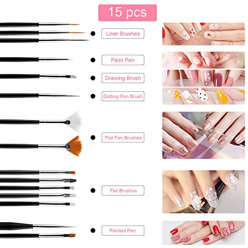 Nail Art Pinsel Set, GuKKK 39 Stücke Nageldesign-Zubehör, 15 Stücke Nagel Pinsel, 5 Stücke Dotting Pen, 10 Streifenband… – Bild 3
