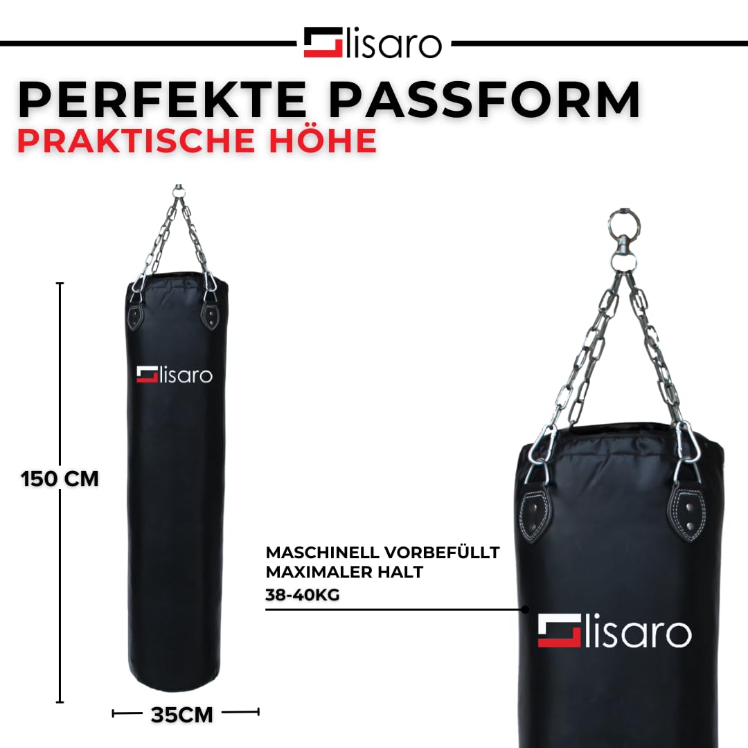 Lisaro Profi Boxsack 120/150 cm gefüllt/ungefüllt | Sandsack in Studioqualität für Boxen, Kickboxen & MMA | Kunstleder (Vinyl) | inkl. 4-Punkt Stahlkette | Schwarz