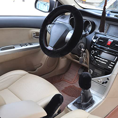 Lenkradbezug Plüsch, 3 Stück Universal-Lenkradhüllen, Auto-Lenkrad Bezug mit Handbremsenbezug/Schaltgetriebebezug, Lenkradabdeckung 36–39 cm, Auto Winter Zubehoerweich rutschfest Flauschig (Schwarz)