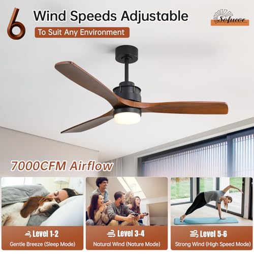 Image of Sofucor 60 Inch Ceiling Fan with Light and Remote, Large 3 Solid Wood Blade