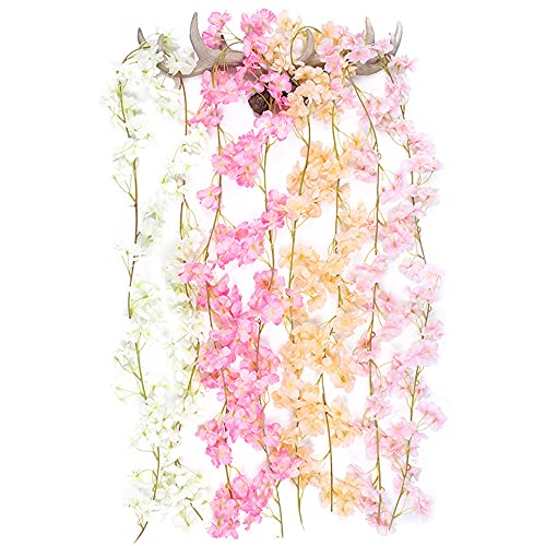 2pcs Artificial Cherry Blossom Garlands Flower Garland Flowers Vine Silk Flowers Garlands Hanging Artificial Flowers Garland Decoration for Wedding Party Home Garden Arch Walls 135 Flower Heads Pink - Image 4