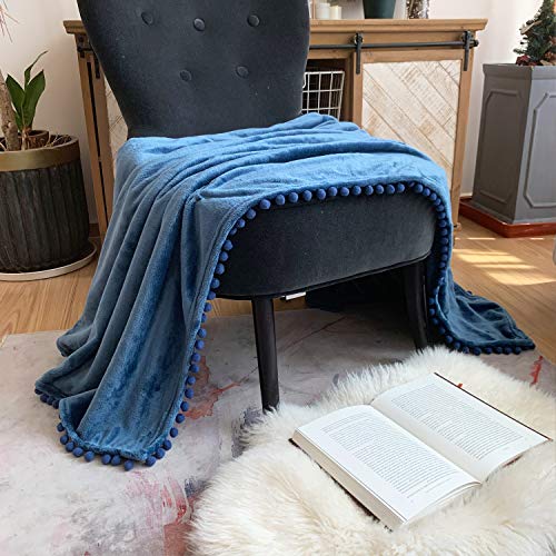 LOMAO Flannel Blanket with Pompom Fringe Lightweight Cozy Bed Blanket Soft Throw Blanket fit Couch Sofa Suitable for All Season (51x63) (Aegean Blue, 51''x 63'')
