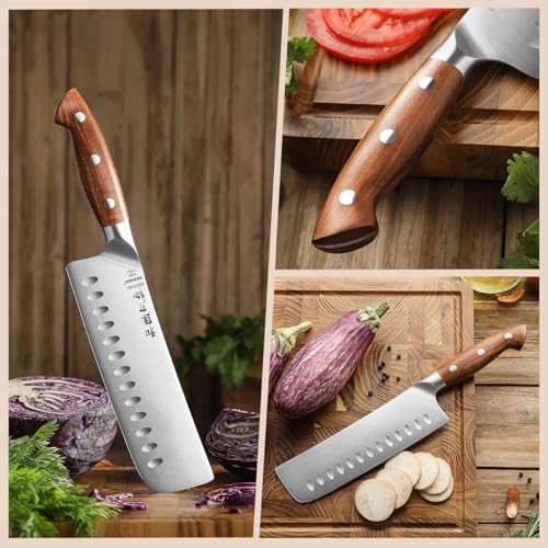 HEZHEN Rostfreier Stahl Nakiri Messer, Japanischer Stil Hackbeil Messer, Hartstahl Mehrzweckmesser Asiatisches Kochmesser Zum Schneiden von Fleisch und Gemüse，Griff aus Redwood