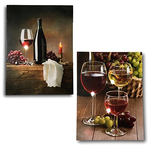 BANBERRY DESIGNS Canvas Wine Prints - Set of 2 LED Lighted Pictures of Wine - Battery Operated Wall Art for Any Wine Themed Decor