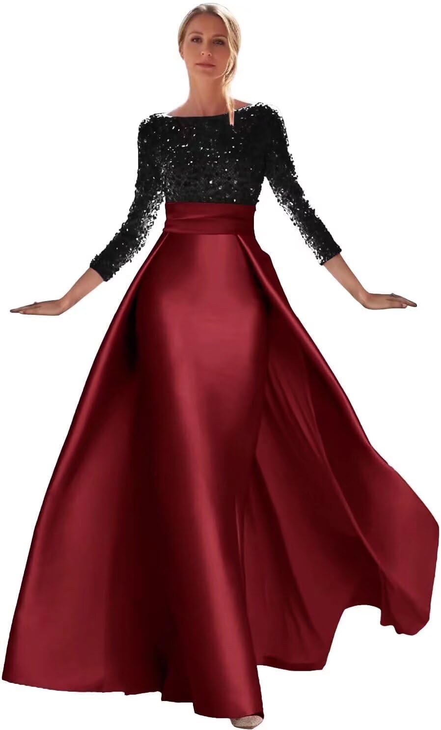 Long Sleeve Prom Dresses for Women Mermaid Sparkly Sequin Long Ball Gown Satin Backless Formal Evening Party Dresses