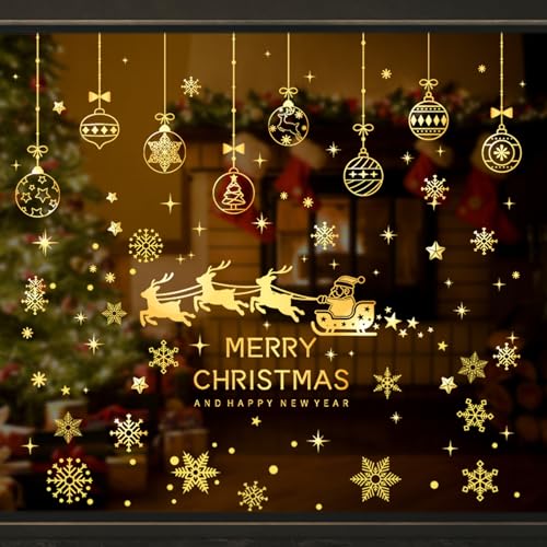 【BEAUTY PLAYER】クリスマス 窓 ステッカー ゴールド 30*20cm 8枚 ウォールステッカー 窓 ウィンドウ クリスマス 飾り 雪の結晶 クリスマスツリー MERRY CHRISTMAS プレゼント (ゴールドエルク)のサムネイル