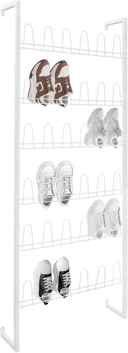 6 Tiers Wall Mounted Shoe Rack, Hanging Wire Shoes Rack with 18 Pairs of Shoes Capacity, Metal Hanging Shoe Rack for Living Rooms, Bedrooms, Cloakrooms, Entryways (White)