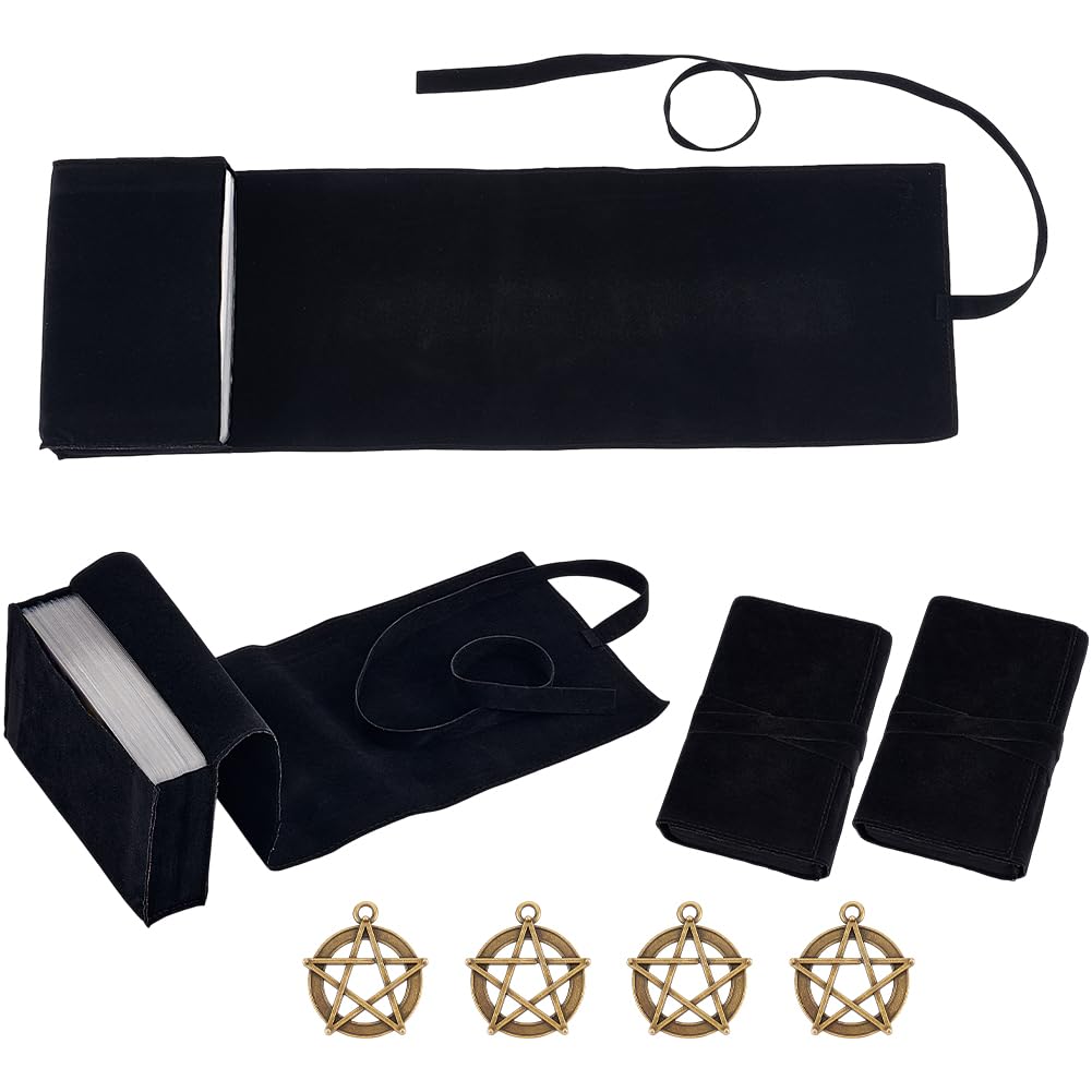 DELORIGIN 4Pcs Velvet Tarot Bags with 4 Tibetan Style Alloy Pendants,Tarot Rune Cube Wrap Pouches Tarot Cards Storage Cloth Holder Jewellery Bag for Tarot Oracle Decks Tarot Card Holder (Black)