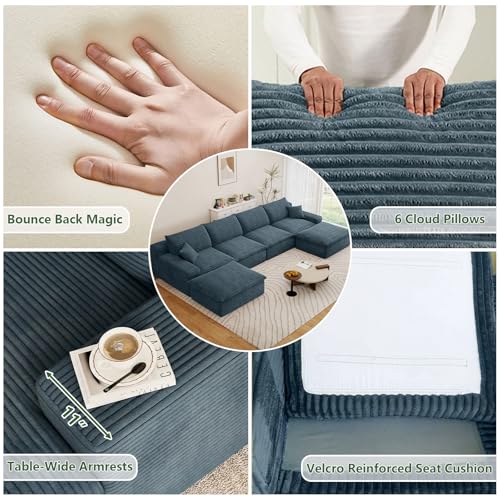 Image of 136 inch Cloud Couch Modular Sectional Sofa for Living Room, U-Shape Boneless Couch with Deep Seat, Modern Corduroy 4-Seater with Ottomans, No Assembly Required, Blue