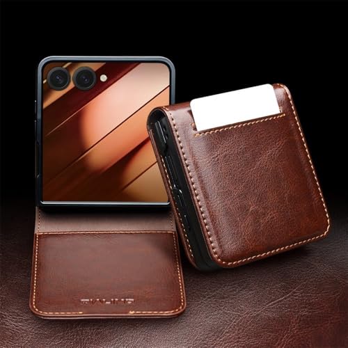 Étui en cuir véritable marron pour Samsung Galaxy Z Flip 5 avec fente carte