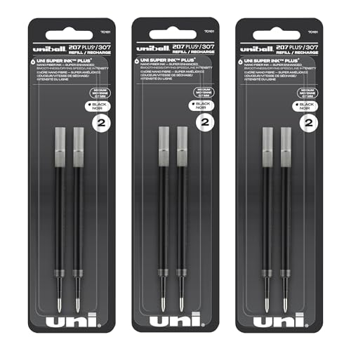 Uniball 207+ Plus Pen Refills, 0.7mm Medium Point, Black Ink, 6 Refills