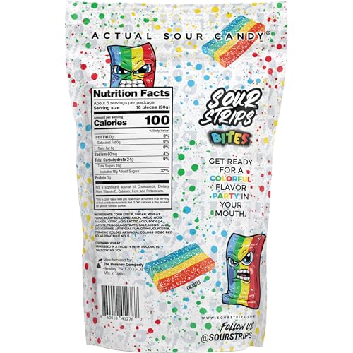 Image of SOUR STRIPS Bites Rainbow Flavored Chewy Candy Bag, 6.35 oz | Rainbow sour candy Bites in a resealable bag for parties, snacking and sharing.