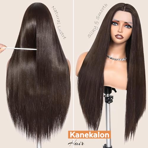 WIGNEE 13x4 Synthetic Lace Front Wig Silky Long Straight Wig Pre-Plucked Kanekalon Hair Glueless Lace Front Wigs with Natural Hairline Free Part Lace Front Wig Dark Brown Wigs for Black Women - Image 6