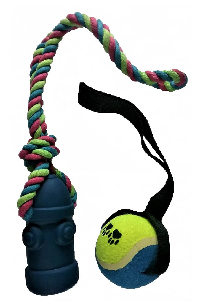 Dog Pull Toy Set, Blue Rope Fire Hydrant with Squeaker and Blue and Yellow Rope Tennis Ball, Pull and Chew Toys, Great Play Set for Small, Medium and Large Dogs. Also useful for Training and Teething.