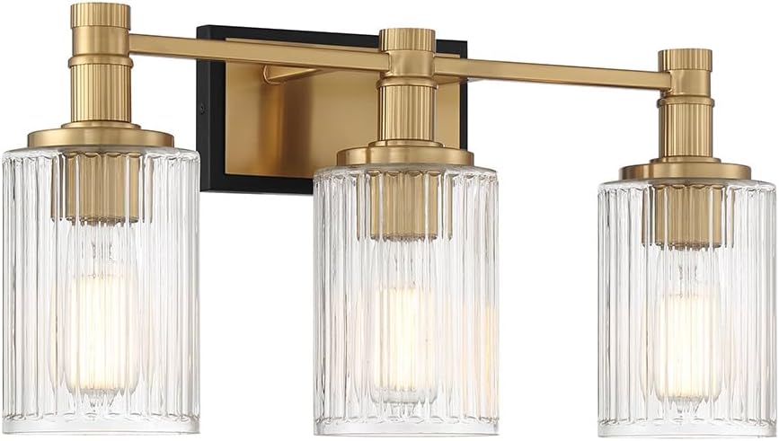 Savoy House 8-1102-3-143 Concord Vintage Traditional Ribbed Glass Bathroom Vanity Wall Light, 3-Light 180 Total Watts, 11" H x 22" W, Matte Black with Warm Brass
