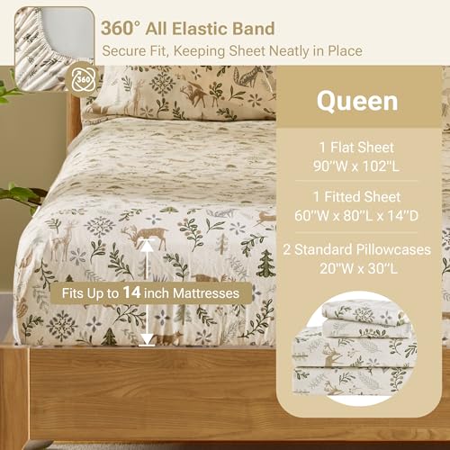 Image of Sleep Philosophy True North 100% Cotton Flannel Sheets Queen Size, Cozy Flannel Sheet Set Brushed for Extra Softness, Heavyweight Novelty Print Warm Flannel Bedding Set, Tan Woodland Winter 4 Piece