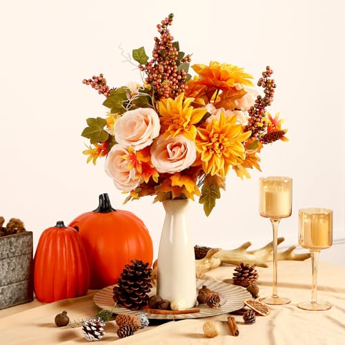 2Pcs Large Artificial Fall Flowers,Thanksgiving Floral Arrangement with Berry and Maple Leaf Decoration, Autumn Faux Bouquet for Home & Party Indoor Decor in Table Centerpieces,Yellow&Orange - Image 4