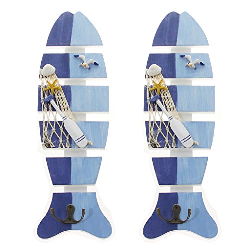 OLizee® Beach Themed Wall Hooks Towel Hat Coat Hangers Rustic Wall Decorations (Set of 2 Blue Fish)